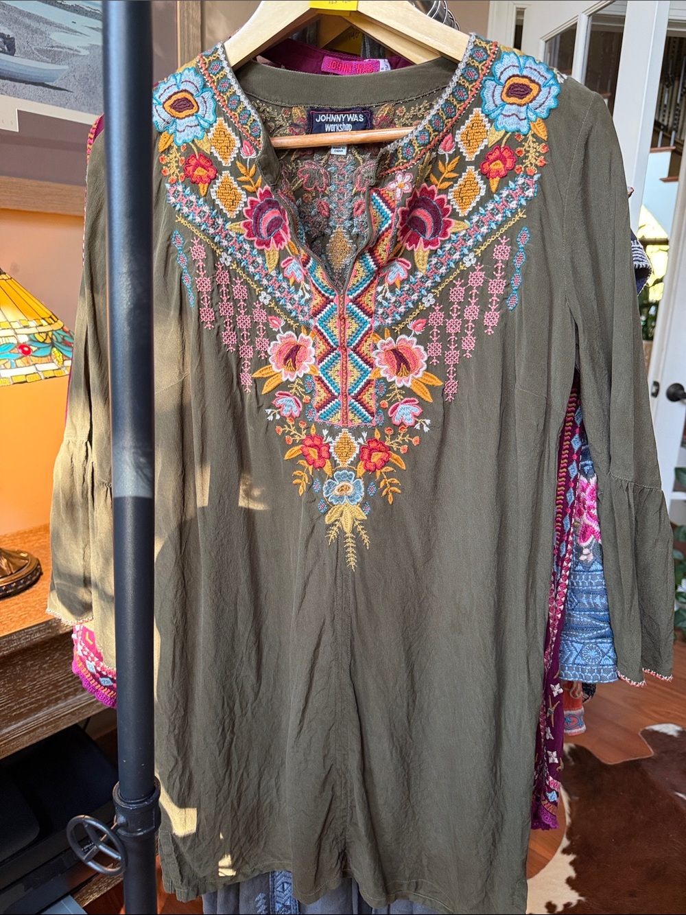 Johnny Was Olive Green Embroidered V-Neck Tunic